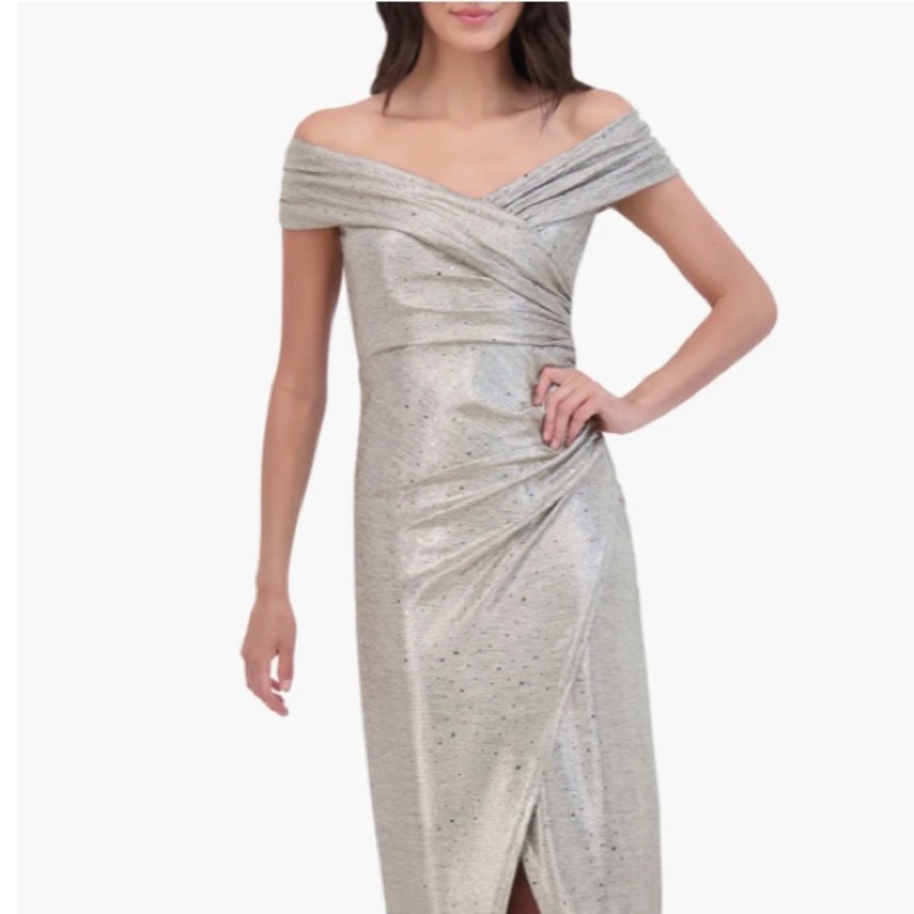 Vince Camuto Metallic Gold Silver Draped Off Shoulder Gown